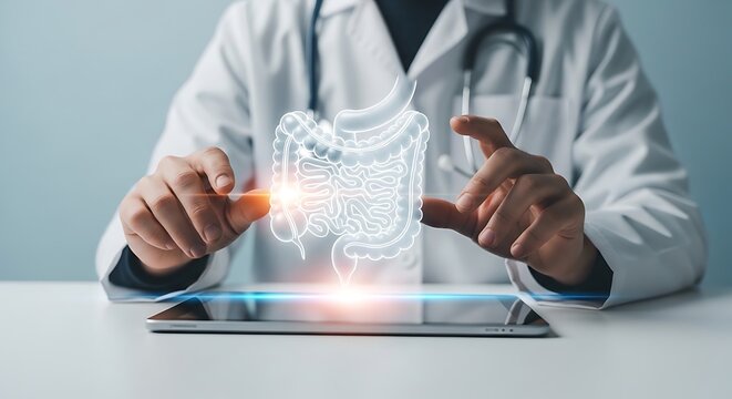 Doctor Using Digital Tablet for Intestine Medical Assessment