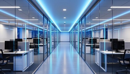 Fototapeta premium Modern Corporate Office Space: A contemporary office interior showcasing rows of workstations, glass partitions, and vibrant blue lighting, creating a professional and inspiring work environment.