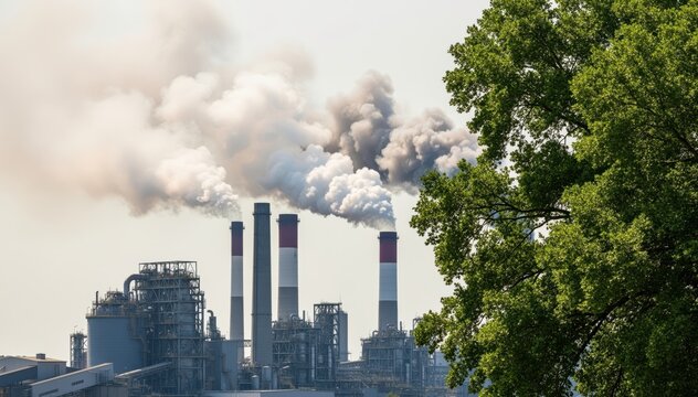 The Environmental Divide: An industrial complex emitting a plume of smoke, a stark contrast with the vibrant green foliage, provoking reflection on environment