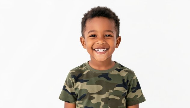 Smiling Boy in Camo: A portrait of a young boy radiates pure joy, his infectious smile and bright eyes capturing a moment of innocent delight.  He wears a camouflage pattern shirt. 