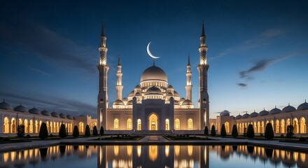 Naklejka premium Beautiful mosque with minarets illuminated at dusk with crescent moon