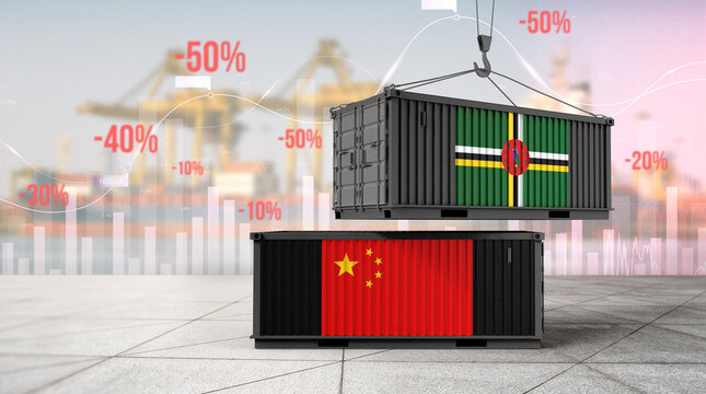 Trade Dynamics: Shipping containers displaying the flags of China and Dominica, suspended by a crane amid descending percentages, illustrate the complexities of international trade.