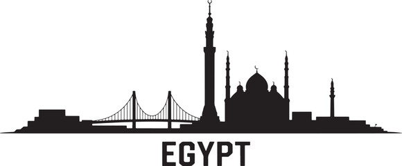 Obraz premium Egypt skyline silhouette with mosque and bridges in black color over transparent background