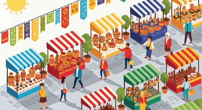 A vibrant outdoor market bustling with people and colorful stalls