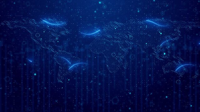 Wavy Particle Surface Hud Planet earth globe maps world animation Science Cyber Space. digital technology, computer science. Big data cybersecurity Data stream. Global database artificial intelligence