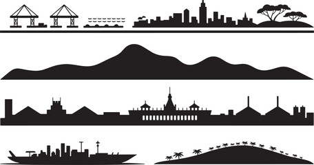 Obraz premium Industrial port and skyline of tropical city with mountains and ship silhouettes on horizon