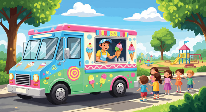 Colorful ice cream truck parked near playground with happy children