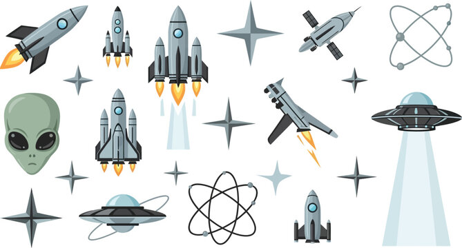 Spacecraft icons and extraterrestrial elements populate this collection of celestial graphic design assets.