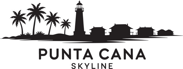 Fototapeta premium Punta cana dominican republic skyline with lighthouse palm trees and beach resort silhouette