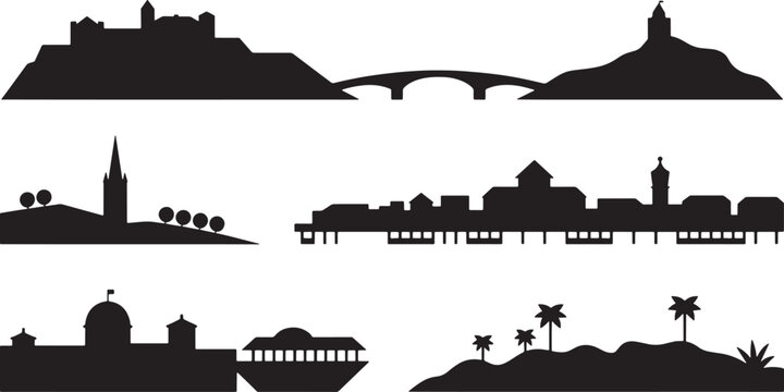 Old town silhouettes featuring stone bridges castle towers seaside buildings and tropical palms