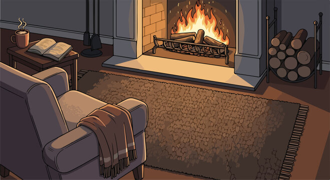 A cozy living room with a warm fireplace and comfortable seating