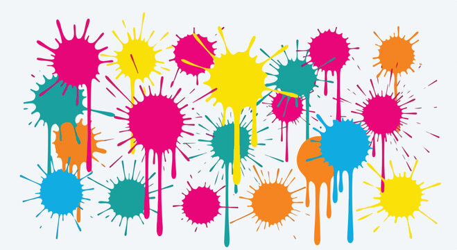 A colorful abstract artwork featuring multiple paint splatters