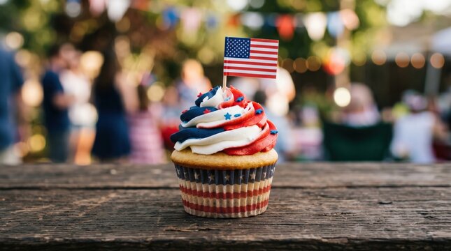 Patriotic cupcake with American flag at a backyard Independence Day BBQ celebration