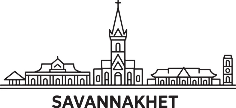 Savannakhet laos city skyline line art featuring traditional temples and french colonial church
