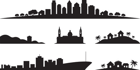 Obraz premium Suburban neighborhood silhouette with houses and trees on transparent background