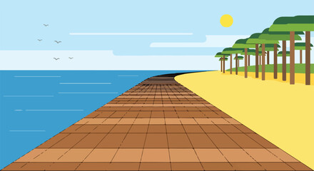 A serene beachside boardwalk with trees © Kiu