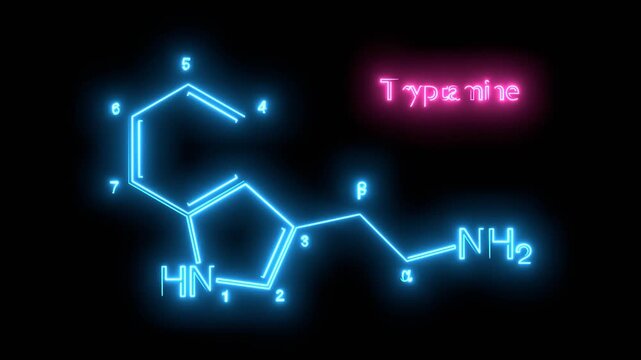 Skeletal formula of alkaloid Tryptamine. Chemical molecule. Neon glowing.
