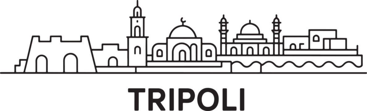 Tripoli skyline vector illustration with linear style buildings and landmarks in monochrome black