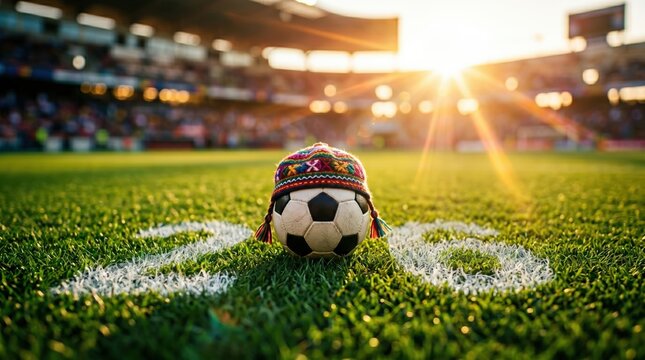 Soccer ball wearing Andean chullo hat on grass pitch with number 26 in sunset stadium