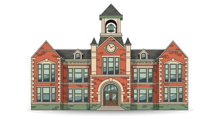 Fototapeta premium Classic Red Brick School Building with Bell Tower and Clock
