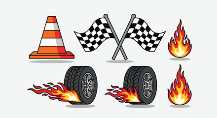 Racing Icons Set with Flames and Checkered Flags. © ErianJendra