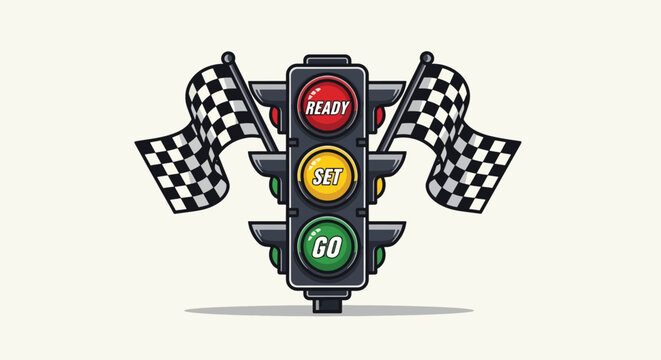 Traffic Light with Racing Flags Signaling Start.