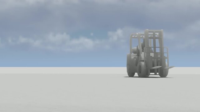 Industrial forklift driving across open lot under cloudy sky