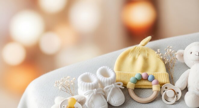 Close-up of adorable baby essentials including a yellow hat, white booties, teether, and pacifier on a soft blanket with bokeh background.