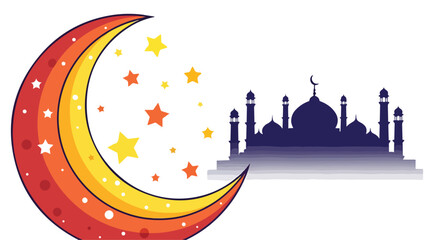 A colorful crescent moon with stars beside a mosque © Melina