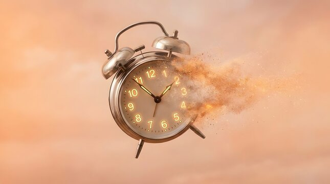 Alarm clock disintegrating into dust against soft cloudy background.