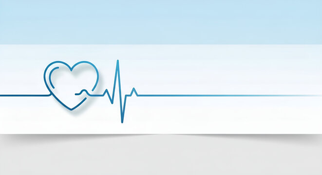 Minimalist blue heart icon and EKG pulse line on white banner background. Perfect for healthcare websites, insurance banners, or cardiology-related presentations.