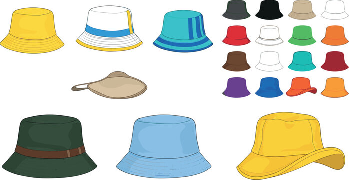 Bucket hat vector collection featuring various colorful summer hats and styles isolated on light background for fashion and streetwear design