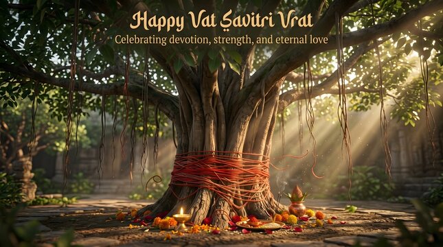 Devout hindu woman celebrating vat savitri vrat festival tied around ancient banyan tree trunk