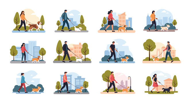 Diverse group of people walking various breeds of dogs on leashes through different city park and urban environments.