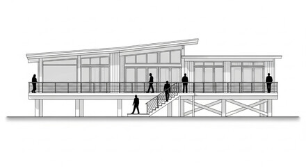 Obraz premium Modern Elevated Building Facade CAD Elevation with Ramp Access, Glass Panels and Structural Stilts