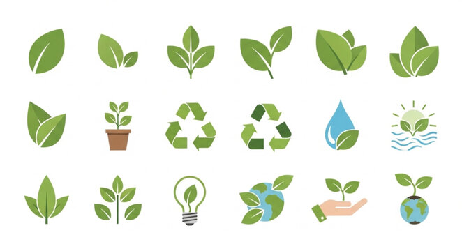Green leaf icons and eco symbols.