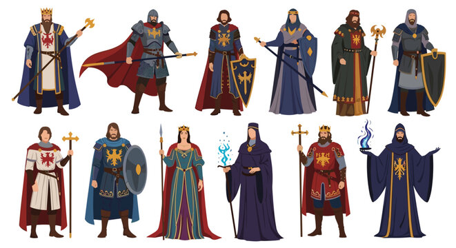 Collection of fantasy medieval characters featuring kings, queens, armored knights, wizards, and magic users for gaming or storytelling.