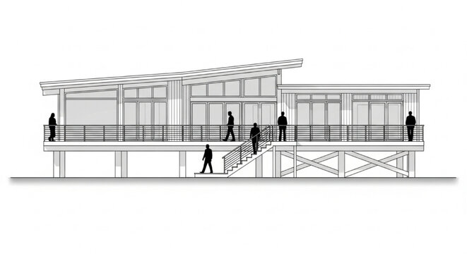 Modern Elevated Building Facade CAD Elevation with Ramp Access, Glass Panels and Structural Stilts