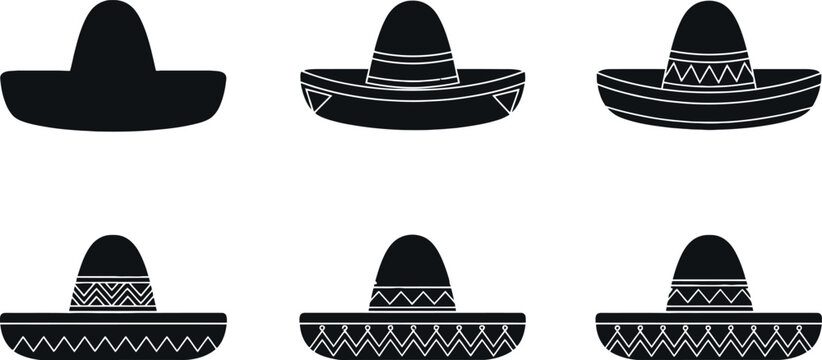 Sombrero hat icons set traditional Mexican headwear with decorative patterns black silhouettes cultural vector illustration collection
