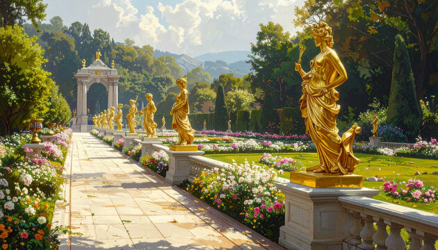 Golden statues in elegant garden