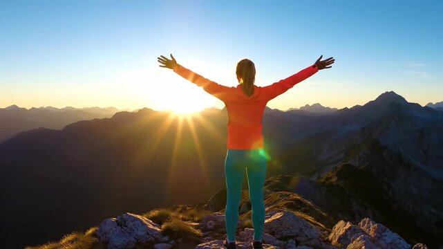 A person stands on a rocky mountain peak with arms outstretched, basking in the sunrise