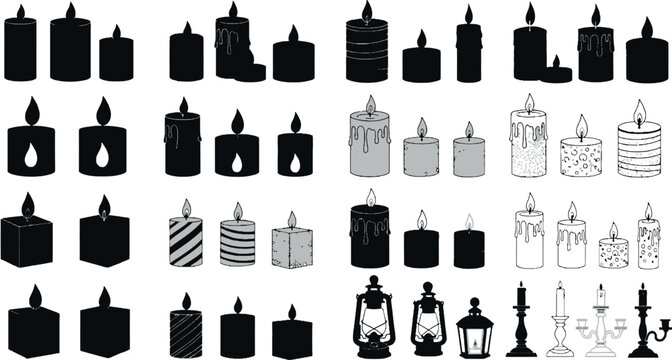 Candle icons set various wax candles with flames silhouettes and outlines romantic light elements vector illustration collection