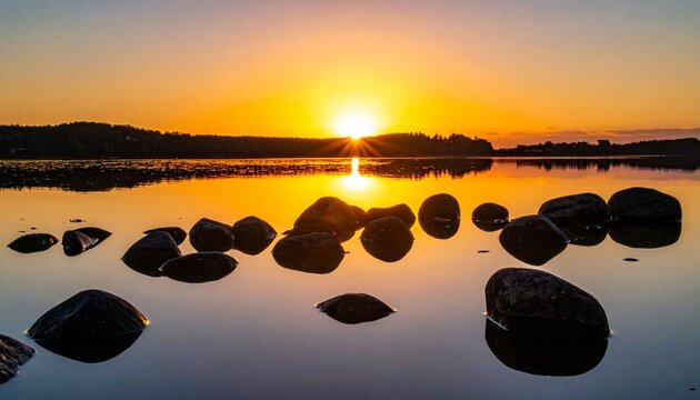 Sunset over lake with rocks and reflections