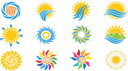 Obraz premium Sun and Wave Abstract Logo Set Featuring Spiral Sunbursts, Ocean Waves, Summer Energy Symbols and Nature Inspired Elements for Travel and Eco Branding Design.
