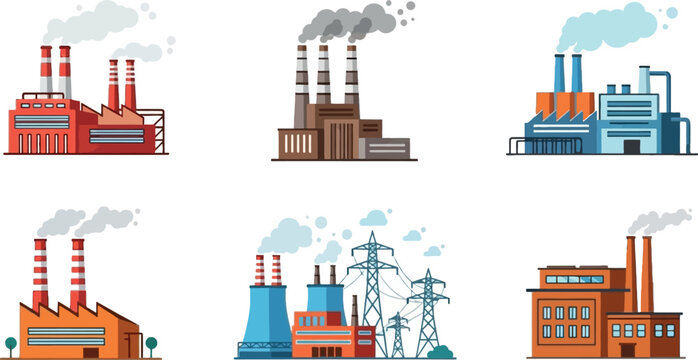Industrial factories and power plants set energy production buildings with chimneys smoke manufacturing architecture flat vector illustration collection