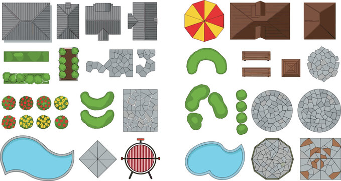 Collection of Isometric Outdoor Map Tiles Paving Stones Trees Benches and Garden Decor