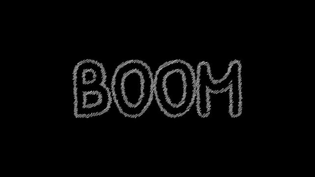 Explosive Impact: BOOM the powerful word stands out against a black backdrop, a minimalist design, a visual representation of a sudden and forceful event.