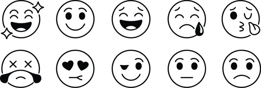 Emoji, doodle face icon set with hand drawn sketch style, emotion mood expressions happy sad smile comic line emoticon vector illustration.