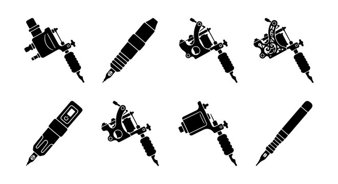 Tattoo Machine Collection, Rotary and Coil Styles, Black Vector Icons for Ink Artistry and Body Modification Design