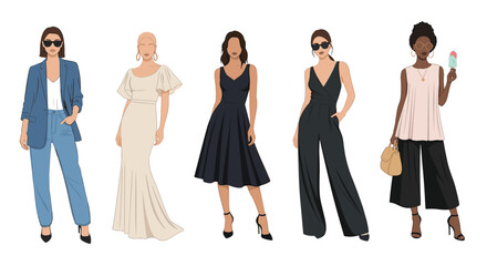 Fototapeta premium Five fashionable women in diverse stylish outfits including business casual, formal evening gown, cocktail dress, jumpsuit, and relaxed chic.
